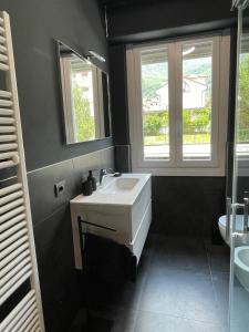 a bathroom with a white sink and two windows at Family house by Sarah in Valmadrera