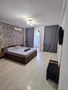 a bedroom with a bed and a television in it at Studio modern. in Bucharest