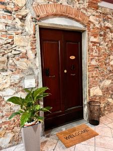 a wooden door with a plant in front of a stone wall at Trend22 Guest House in Pisa