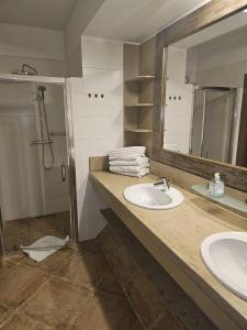 a bathroom with a sink and a mirror and a shower at Apartmán Anička in Tatranská Lomnica