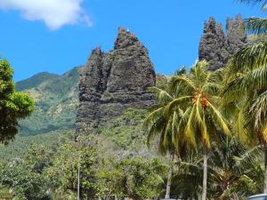 a view of a mountain with palm trees in front at Pitake Lodge 1 in Nuku Hiva