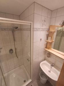 un bagno con doccia, WC e lavandino di Panoramahof Gupf a Gröbming