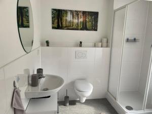 a bathroom with a sink and a toilet and a mirror at Gemütliche Appartement 4 - mit Küche und Bad zur Eigennutzung -Schuster Homes- in Alvesse +17 photos