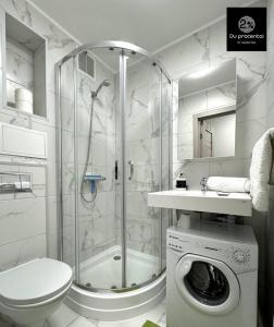a bathroom with a shower and a washing machine at UAB DU PROCENTAI nt in Šiauliai