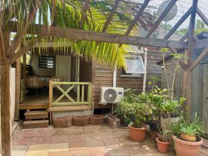 拉萨尔勒班Saline les bains petite maison bien aménagée calme & plage à pied的带电视和植物的房子的露台 更多4张照片