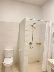 a white bathroom with a shower and a toilet at Palmhouse Boutique Hotel in Kuta Lombok