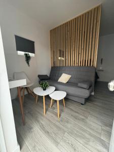 ヘレス・デ・ラ・フロンテーラにあるCasa Abuela Mariaのソファとテーブル2つがあるリビングルーム