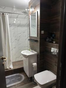 un bagno con un water, un lavandino e uno specchio di Chic Urban Retreat a Drîmbar