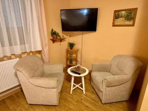 a living room with two chairs and a flat screen tv at Jägerhof Ostsee GmbH in Holm +13 photos