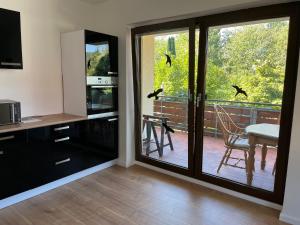 a kitchen with sliding glass doors with birds on the patio at Superschöne 4-Zimmerwohnung in Hallstadt