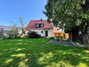 ein Haus mit einem Garten mit grünem Gras in der Unterkunft Stilvolles Haus mit Naturgarten & Weitblick - für Familien & Freunde in Oberschwarzach