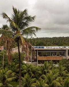 ein Zug, der an einem Gebäude mit einer Palme vorbeifährt in der Unterkunft Vista Milagres in São Miguel dos Milagres