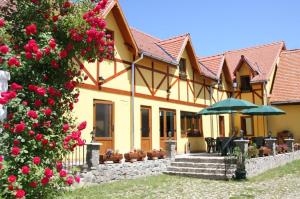 a house with a tree with red roses in front of it at Pensiunea Bendorfeanu in Răşinari