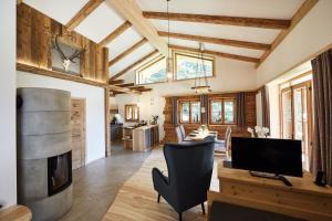 a living room with a fireplace and a television at Dreisessel-Chalets im bayerischen Wald - Chalet Hochstein - mit Whirlpool-Sauna-Kamin in Haidmühle