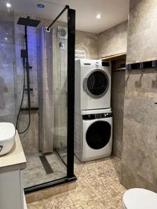 a washer and dryer in a bathroom with a shower at Appartement convivial pour séjourner in Le Kremlin-Bicêtre