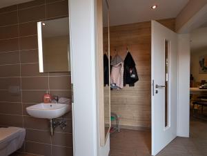 a bathroom with a sink and a mirror at Ferienhaus Ostara in Hasselfelde