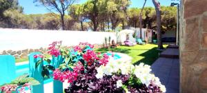 ein Garten mit Blumen auf einem Zaun in der Nähe des Wassers in der Unterkunft Villa Zahara in Chiclana de la Frontera