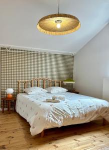 ein Schlafzimmer mit einem großen Bett mit Kronleuchter in der Unterkunft Villa Lucie, 4 à 8 personnes in Clermont-Ferrand + 18 Fotos