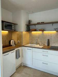 eine Küche mit weißen Schränken und einer Spüle in der Unterkunft L'Oxalis doré in Frontenas