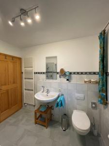 a bathroom with a sink and a toilet at Ferienwohnung Just in Bergen