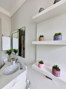 a bathroom with a sink and shelves with potted plants at Ao lado da Igreja Matriz, Hospedagem de Charme in Santa Rita do Sapucaí