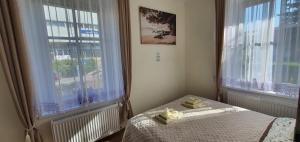 a small bedroom with a bed and two windows at APARTAMENT MAJA - centrum, parking in Kudowa-Zdrój