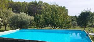 a blue swimming pool with trees in the background at HELLO 15 personnes Draguignan in Draguignan