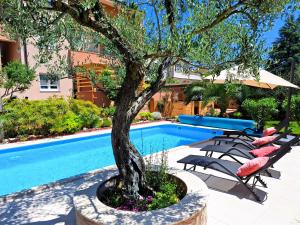 a tree in a planter next to a swimming pool at Paradise for children, Family apartment Oros Medulin, with a pool, gd in Medulin