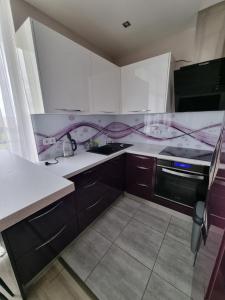 a kitchen with white cabinets and a black appliance at Salnas rezidence self check-in in Riga +14 photos