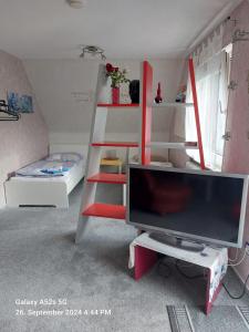 a living room with a tv and a book shelf at Ferienwohnung Kochel mit Wallbox in Gifhorn