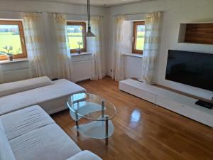 a living room with a couch and a flat screen tv at Ferienwohnung beim Schmied in Kienberg