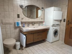 a bathroom with a sink and a washer and dryer at Ferienwohnung beim Schmied in Kienberg +3 photos