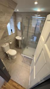 a bathroom with a shower and a toilet and a sink at Grand House in Dagenham