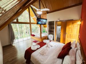 a bedroom with a large bed with a tv in it at Pousada Vale das Orquídeas in Lavrinhas