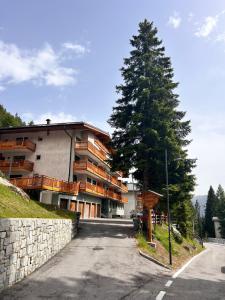 a large building with a tree next to a street at Central recently renovated apartment - Casa Tre Pini in Madonna di Campiglio