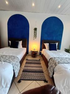 due letti in una stanza con pareti blu di Relaxe Wohnung Bergstraße HP a Ober-Laudenbach