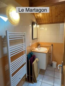 un baño con lavabo y espejo en Gîte La Morandière, en Saint-Martin-en-Vercors