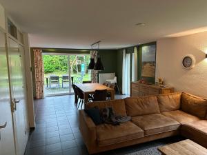 a dog sitting on a couch in a living room at Vakantiehuisje drenthe gasselterveld in Gasselte +31 photos