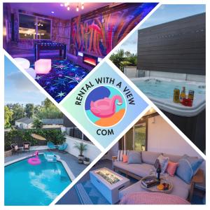 Un collage de imágenes de una piscina con una villa. en NEW Amazing Paradiso Urbano – POOL;SPA;GAMEROOM, en San Diego