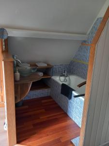 een kleine badkamer met een wastafel en een bad bij Cottage du Becquet in Épaignes