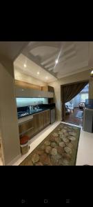 a living room with a kitchen with a rug at رويل هيلز in 6th Of October