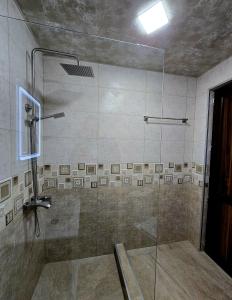 a bathroom with a shower with a glass door at Grand Mountain Cottage in Kazbegi +108 photos