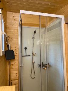 a shower in a bathroom with a glass door at cabane in Saint-Vincent-de-Paul +123 photos