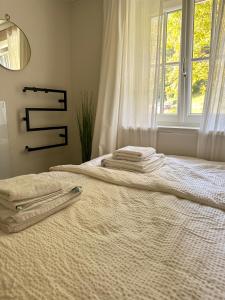 un letto con un asciugamano e una finestra di Ferienhaus Alexandra in Ebensee a Ebensee