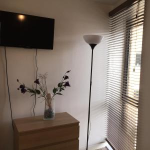 una habitación con una lámpara y un jarrón de flores sobre una mesa en Millennium Apartments, en Newcastle