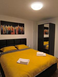 ヴコヴァルにあるApartman SOLISのベッドルーム1室(黄色いベッド1台、タオル付)