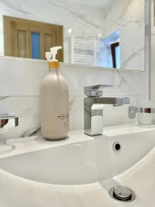 a bottle of soap is sitting on a bathroom sink at Blancris Boutique in Braşov +58 photos