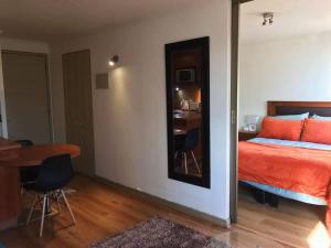 une chambre avec un lit, une table et un bureau dans l'établissement Bello y acogedor dpto cerca metro Baquedano 1303, à Santiago 8 autres photos