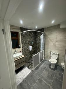 a bathroom with a shower and a toilet and a sink at The Cozy Retreat in Hyde Park +4 photos