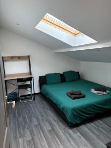a bedroom with a green bed and a skylight at Proche Gare Paris-CDG Stade-de-France Astérix Expo in Garges-lès-Gonesse